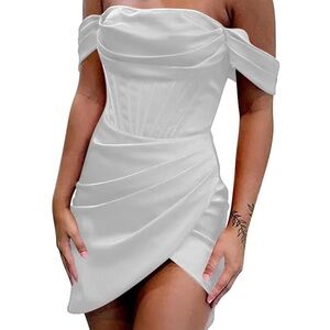 White satin off the shoulder corset cocktail dress